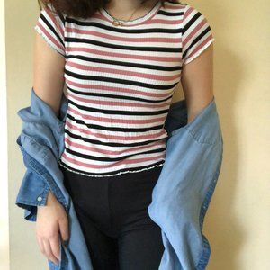 Occasion Black Pink Ribbed Striped Lettuce Hem Top